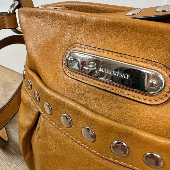 B. Makowsky Camel Brown Studded Leather Crossbody Bag, like new - Picture 2 of 13